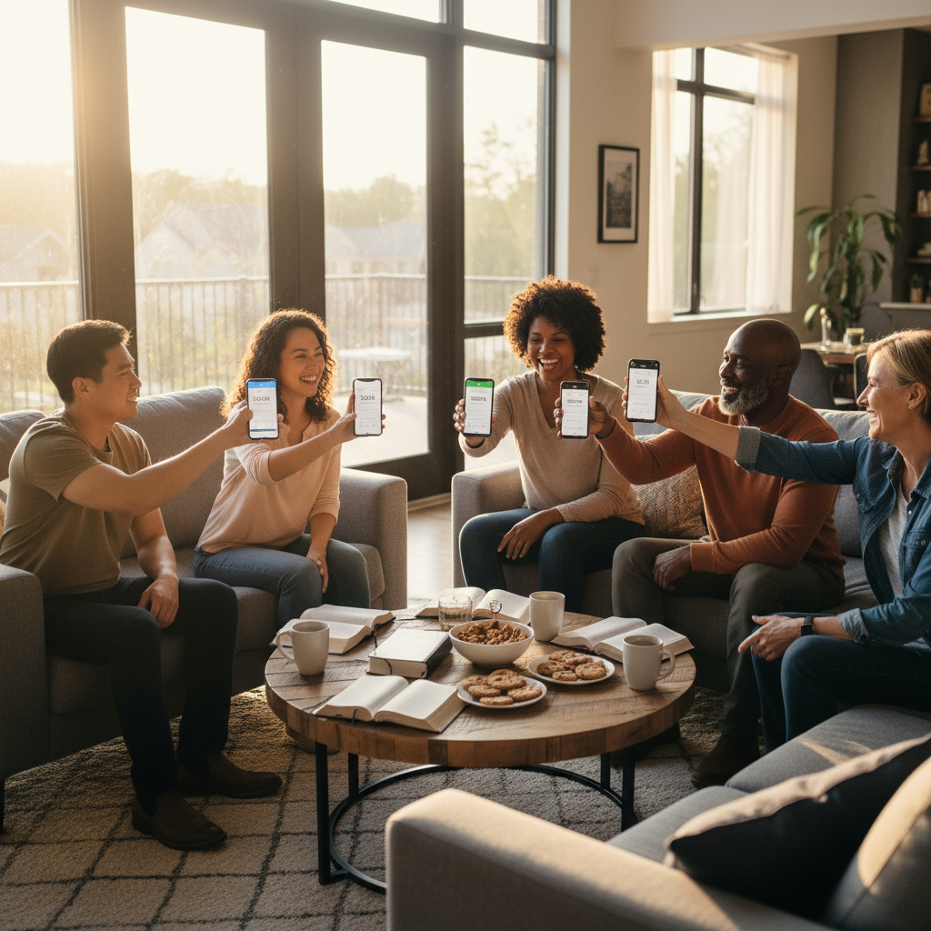 AI Generation Prompt: Warm, candid photo of diverse group of 5 people (mixed ages 25-60, different ethnicities including Asian, Hispanic, African American, Caucasian) sitting in comfortable circle in modern living room, each holding smartphones showing same Bible reading app with visible streak counters. Some people smiling, one person fist-bumping another celebrating a milestone. Coffee table with Bibles, coffee mugs, and snacks. Natural afternoon light through large windows, genuine connection and encouragement evident, photorealistic, community accountability group atmosphere, 8k quality.