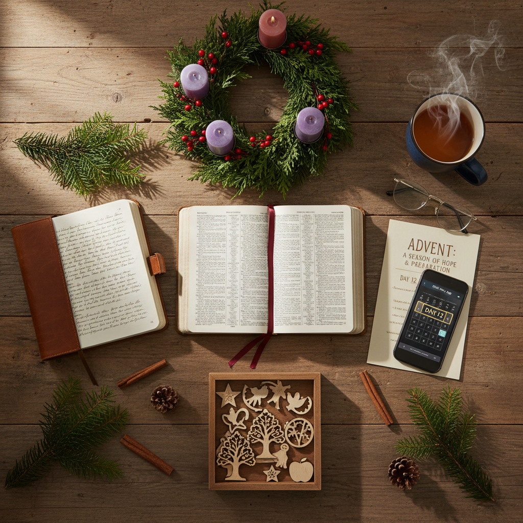 AI Generation Prompt: Flatlay photorealistic image from above showing beautiful arrangement of Advent study materials on rustic wooden table. Items include: open Bible with bookmark ribbon, leather journal with handwritten notes, Advent wreath with candles, Jesse Tree ornament set in wooden box, printed Advent devotional guide, smartphone showing Bible Way app Advent calendar screen (Day 12 displayed), steaming mug of coffee or tea, reading glasses, small evergreen branches, cinnamon sticks and pine cones as decoration. Warm natural lighting from window creating soft shadows. Rich textures of wood, leather, paper, greenery. Organized but lived-in aesthetic, tools for meaningful Advent practice. 8k quality professional photography, warm inviting composition.