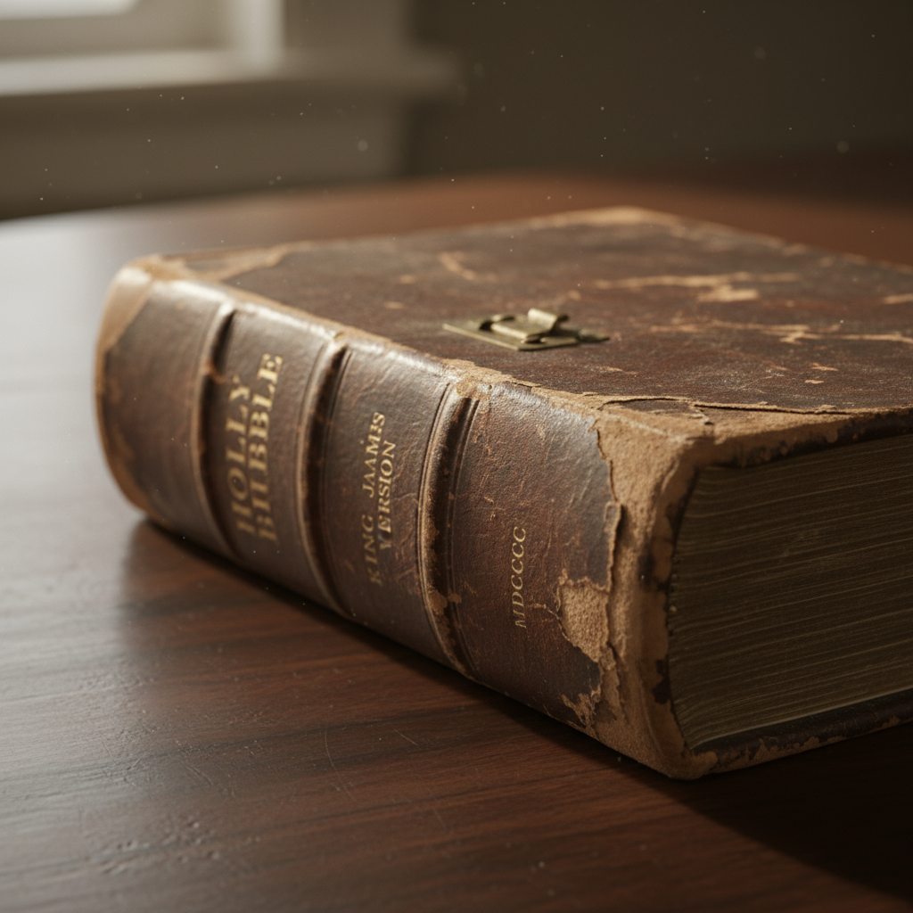 AI Generation Prompt: Photorealistic close-up of antique King James Bible from 1800s, thick leather binding worn at edges showing age and use, gilt lettering on spine reading 'Holy Bible', book opened to show two-column text layout with elegant blackletter typeface, thin aged pages with slight yellowing, ribbon bookmark, Bible resting on polished dark wood table with reading glasses nearby, soft window light creating warm nostalgic atmosphere, shallow depth of field focusing on text, 8k ultra-high resolution, museum artifact quality