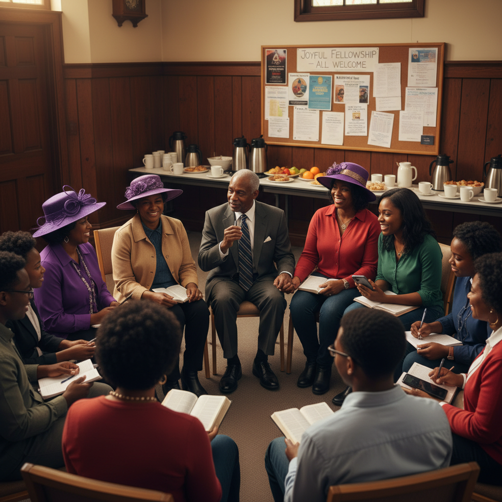 AI Generation Prompt: Vibrant, warm photograph of diverse Black church Bible study group in traditional church fellowship hall, 12-15 people of all ages from teens to elderly, sitting in circle of chairs. Mix of generations: elderly deacon in suit, middle-aged women with colorful church hats, young professional couple, teenagers. Everyone engaged with open Bibles, some taking notes, animated discussion happening. Wooden paneling, church bulletin board in background, coffee and refreshments on side table. Warm overhead lighting, sense of community and intergenerational connection. One elder gesturing while teaching, younger members listening intently. Authentic Black church atmosphere, joyful fellowship. Photorealistic, rich warm tones, sense of spiritual family, professional photography 8k quality.