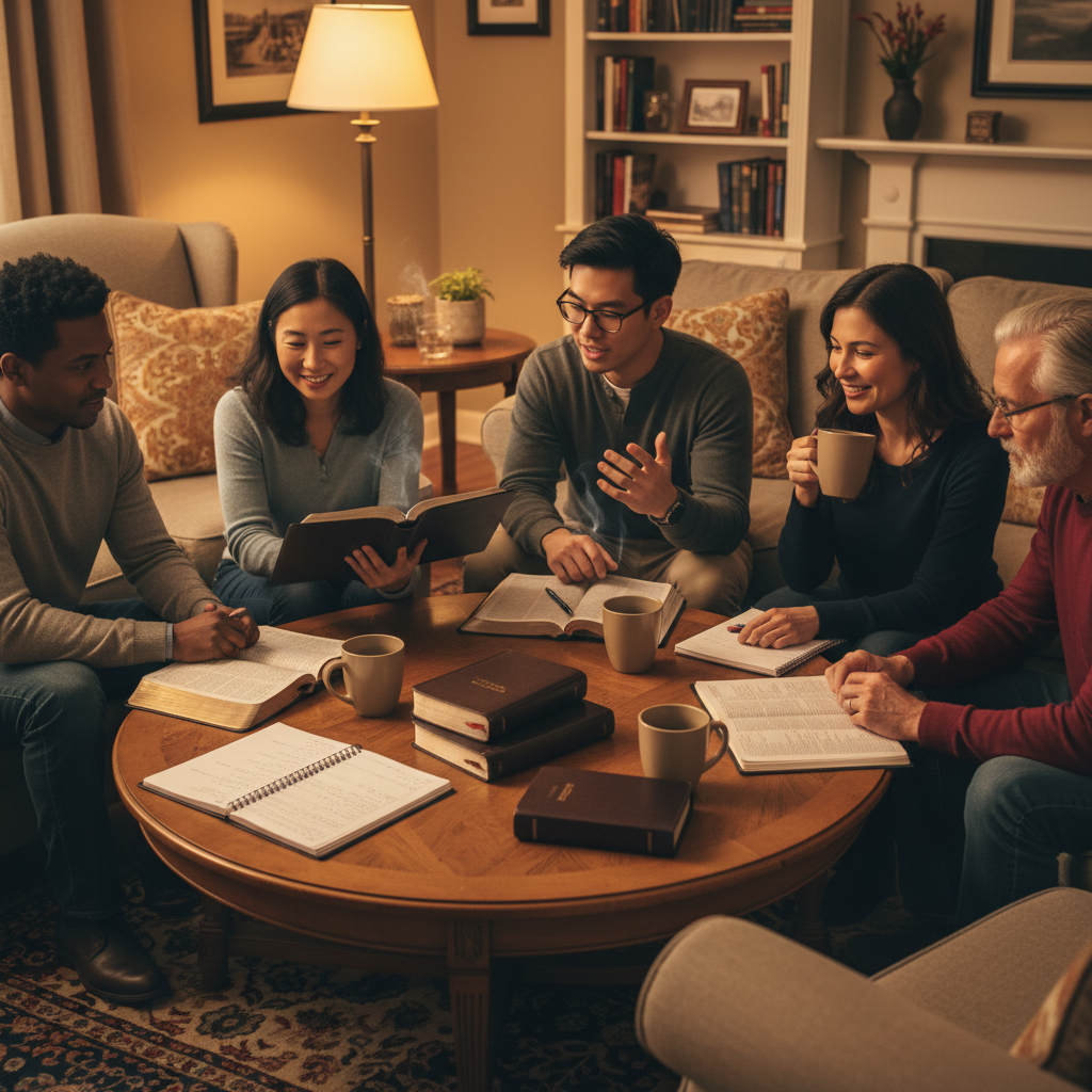 A diverse small group of 5-6 people of different ages and ethnicities gathered around a table studying the Bible together. They have open Bibles, notebooks, and coffee cups. The setting is a cozy living room with warm lighting. Expressions show engaged discussion and fellowship. Natural, candid feel. Photorealistic, warm color tones, 16:9 aspect ratio, 8k quality.