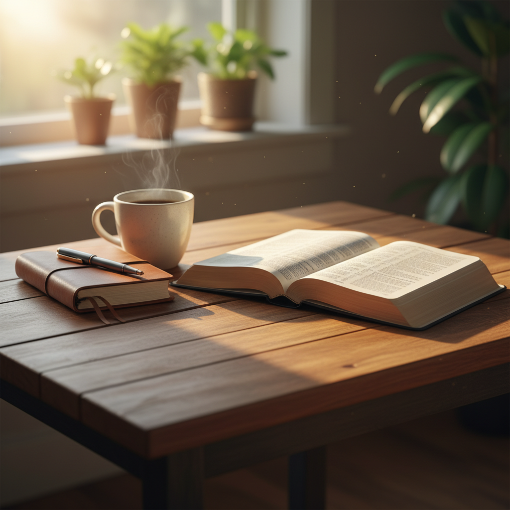 A warm, inviting photo of an open Bible on a wooden table with a coffee cup, journal, and pen beside it. Morning light streams through a window, creating a cozy atmosphere for Bible study. The scene suggests peaceful devotional time. Soft focus background with green plants. Photorealistic, warm color tones, 16:9 aspect ratio, 8k quality.
