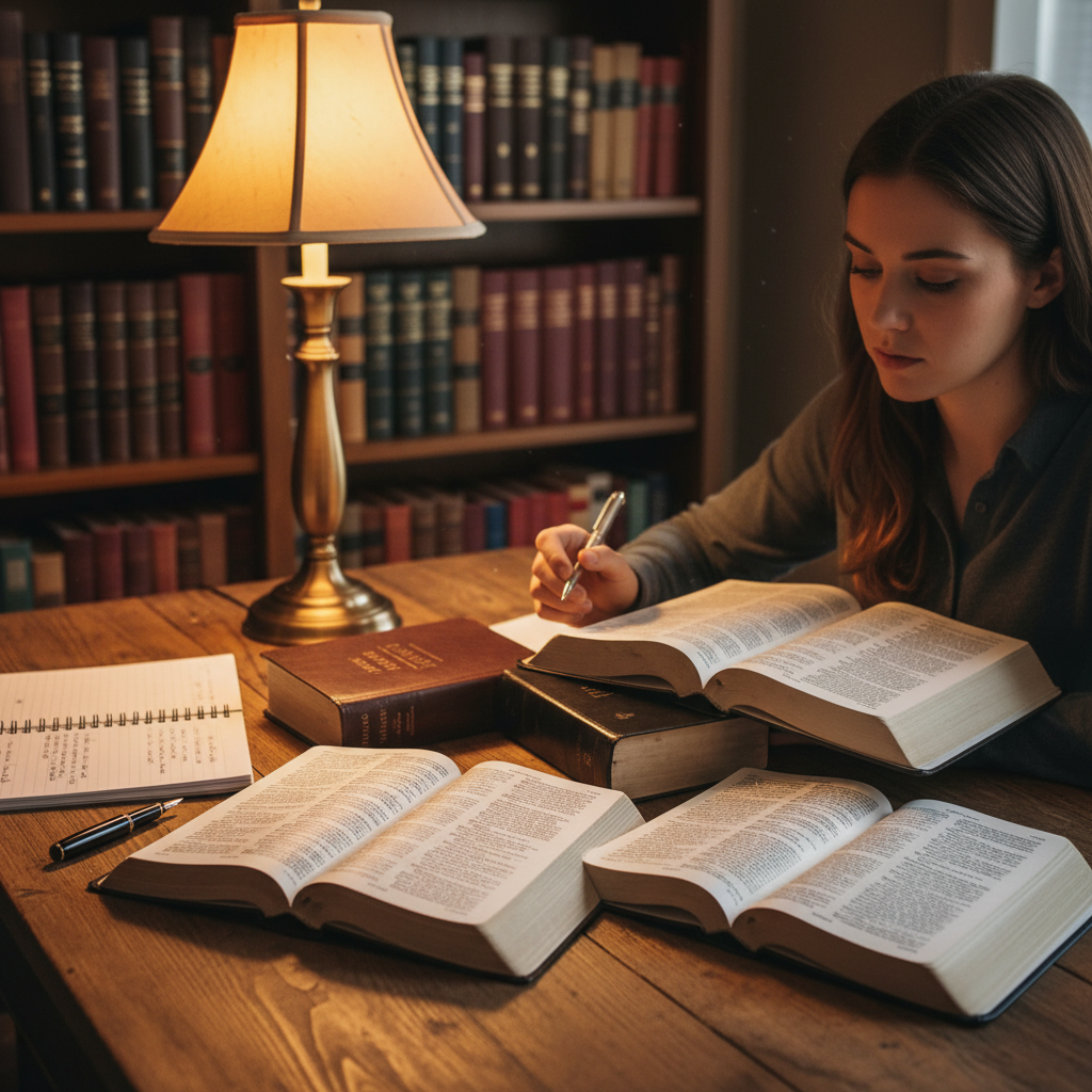 A thoughtful scene showing a person sitting at a cozy home study desk, with multiple Bible translations spread open before them. The person is comparing passages, with a notebook and pen nearby for taking notes. Warm lamp lighting creates an intimate study atmosphere. Bookshelves with theological books visible in the background. Photorealistic, warm tones, 8k quality.