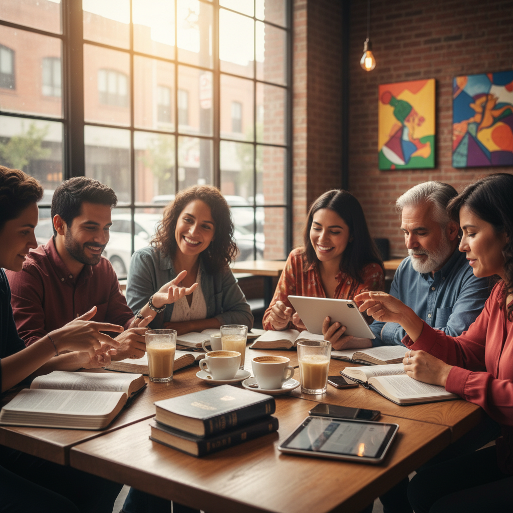 AI Generation Prompt: Create a vibrant, photorealistic image of a diverse Spanish-speaking Bible study group meeting in a modern urban coffee shop. Show 6-8 people of various Latino backgrounds - Mexican, Puerto Rican, Colombian, Central American - representing different ages (20s to 60s), gathered around pushed-together tables. Multiple Spanish Bibles visible (RV1960, NVI, and modern translations), tablets, smartphones, notebooks, and coffee cups. People engaged in animated discussion - some gesturing, one pointing at Bible passage, expressions of joy, deep thought, and connection. Background shows urban coffee shop with natural light from large windows, Latin American artwork on walls. Photorealistic, warm and inviting atmosphere, natural lighting, authentic Latino diversity, modern setting, genuine community feel, 8k quality professional photography.