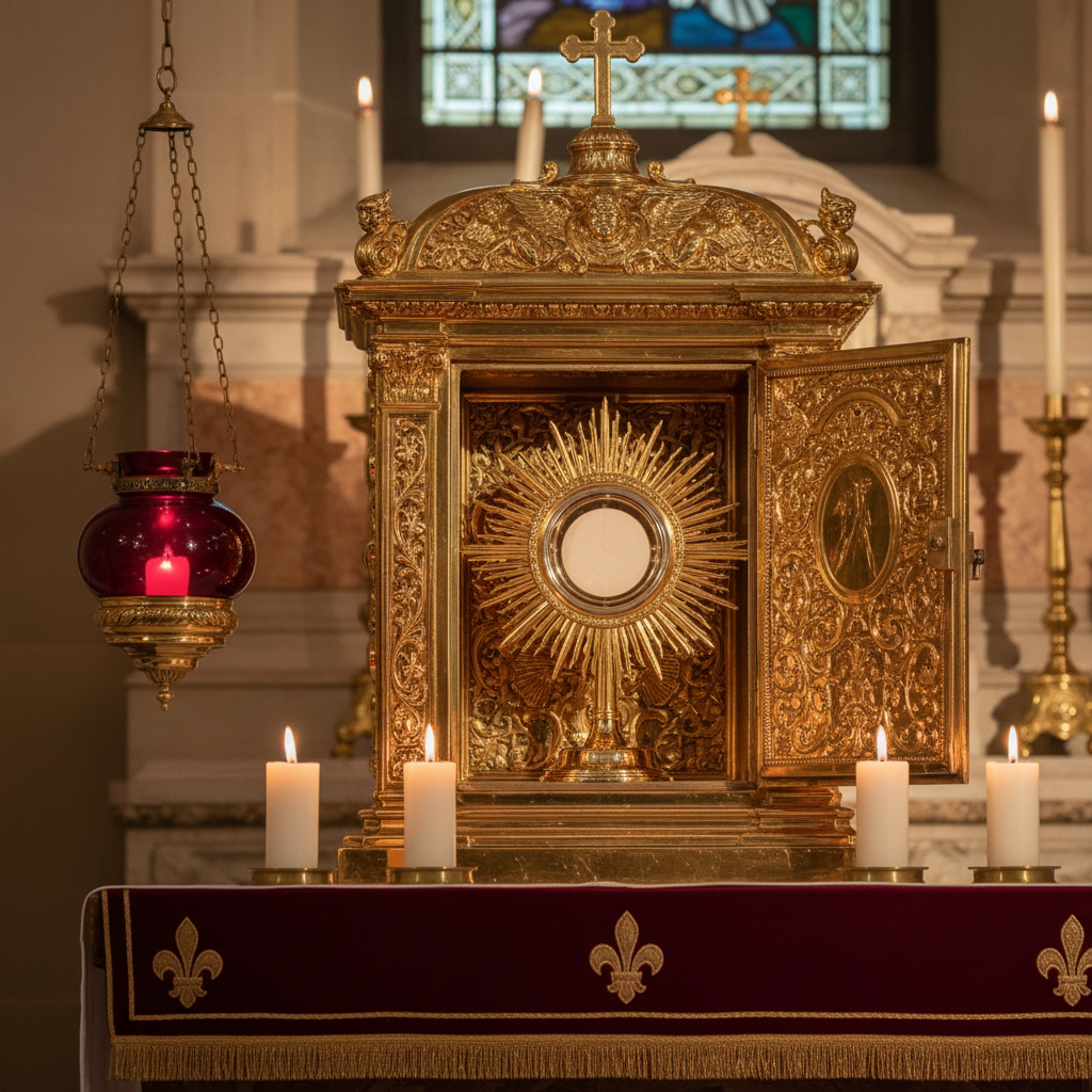 AI Generation Prompt: Photorealistic close-up of ornate golden Catholic tabernacle with sacred host in monstrance, sanctuary lamp glowing red beside it, rich burgundy and gold altar cloth, soft candlelight illumination creating dramatic shadows, shallow depth of field with tabernacle in sharp focus, reverent and sacred atmosphere, professional church photography, warm golden tones, 8k quality