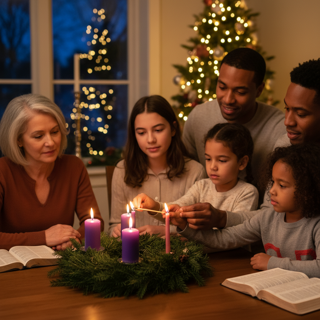 AI Generation Prompt: Warm, photorealistic scene of multigenerational family gathered around dining table with Advent wreath. Family includes parents in 30s, grandmother in 60s, and three children ages 5-12 (diverse ethnicities, warm lighting). Young girl reaching to light second purple candle with long match while family watches. Open Bibles on table, faces illuminated by warm candlelight. Background shows decorated home with Christmas tree softly lit. Evening scene with window showing darkness outside. Expressions of reverence, anticipation, family connection. Rich warm tones, golden candlelight, cozy intimate atmosphere. 8k quality professional photography, emotional holiday tradition moment.