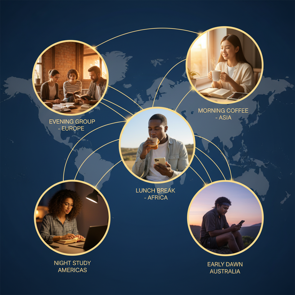 AI Generation Prompt: Creative conceptual illustration showing a world map with glowing connection lines between different continents, each connection point showing a person engaged in Bible study at their local time. Show 5-6 circular vignettes overlaid on map: morning coffee Bible study in Asia (sunrise), lunch break study in Africa (midday), evening group in Europe (sunset), night study in Americas (lamp light), early dawn in Australia. Each vignette shows a person with Bible and device, different ethnicities and settings, time-appropriate lighting for their location. Connection lines in warm gold color linking all points. Elegant, modern infographic style meets realistic photography in vignettes. Deep blue background with subtle world map, glowing connections, sense of global unity in Christ. 8k quality, professional design, inspiring and hopeful mood.