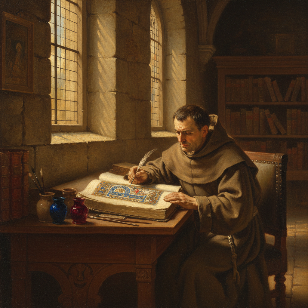 AI Generation Prompt: Cinematic painting of medieval Catholic monk in brown habit carefully copying illuminated manuscript Bible in stone scriptorium, golden afternoon light streaming through arched window, quill pen in hand, vibrant blue and red inks in small jars, partially completed ornate capital letter visible on parchment, peaceful and reverent atmosphere, Rembrandt-style lighting, historical accuracy, rich warm tones, ultra-detailed, 8k quality