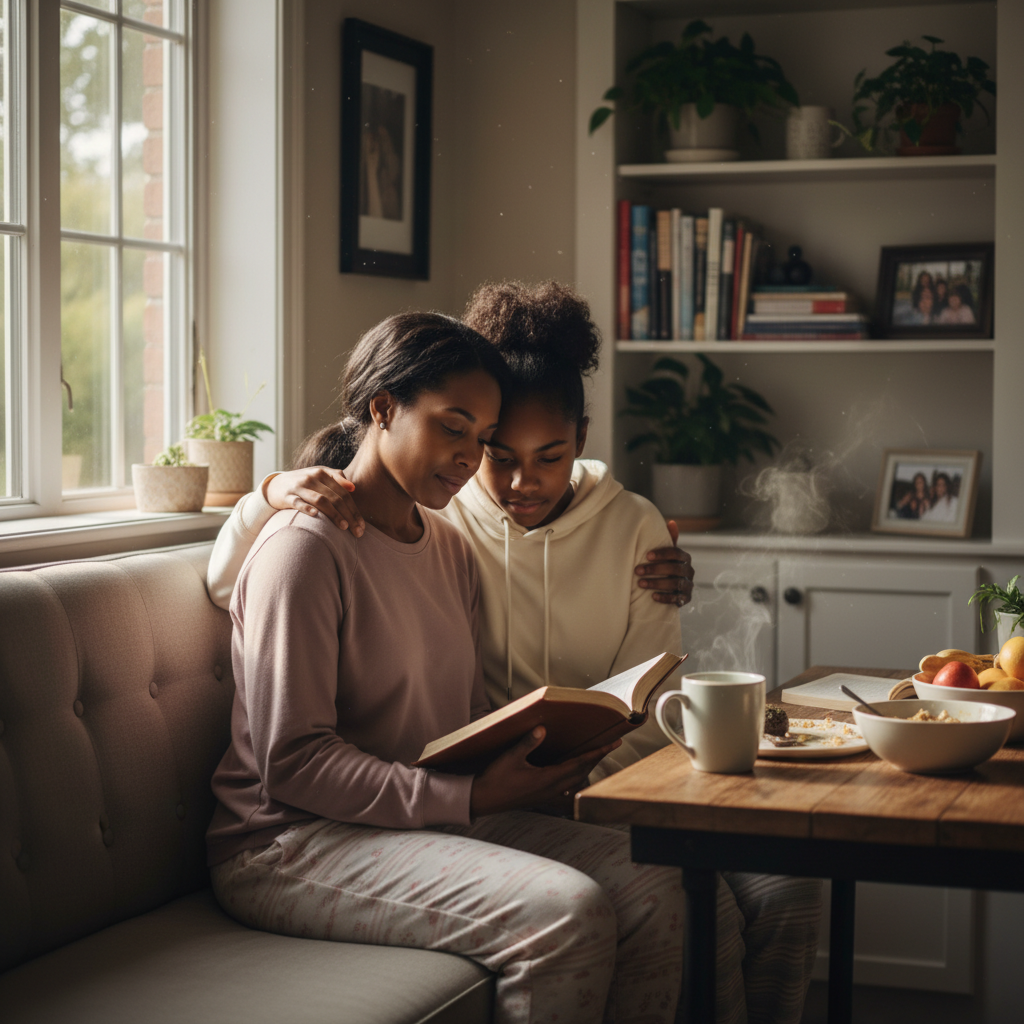 AI Generation Prompt: Intimate, tender photograph of Black mother (late 30s) and teenage daughter (14-15 years old) having morning devotional time together in cozy bedroom or kitchen nook. Natural early morning sunlight streaming through window, both in comfortable casual clothes (pajamas or loungewear), sitting close together on bed or breakfast nook bench. Mother has arm around daughter's shoulder, both looking at Bible open between them, genuine warmth and connection. Journals, coffee/tea mugs, peaceful domestic morning atmosphere. Daughter appears engaged and comfortable, mother showing patient teaching love. Authentic mother-daughter relationship, multigenerational faith transmission, sense of intimate spiritual mentorship. Photorealistic, soft golden morning light, warm emotional tone, professional photography 8k quality.