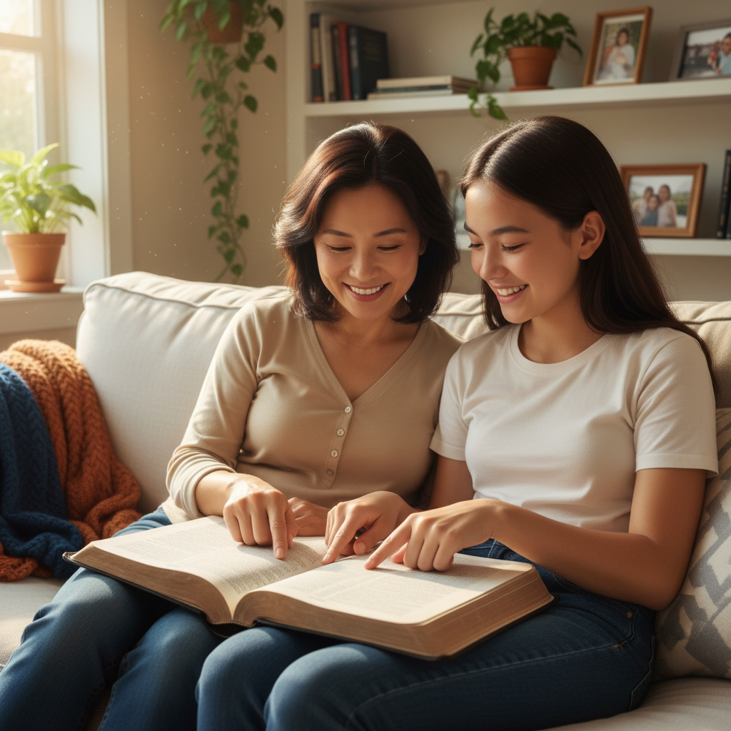 AI Generation Prompt: Tender photo of Asian mother (40s) and teenage daughter (14-16) sitting together on couch reading Bible together. Both engaged, pointing at passage, natural smiles, genuine mother-daughter bonding moment. Comfortable home setting, natural window lighting, warm atmosphere, authentic relationship feel, 8k quality, photorealistic, showing generational faith transmission
