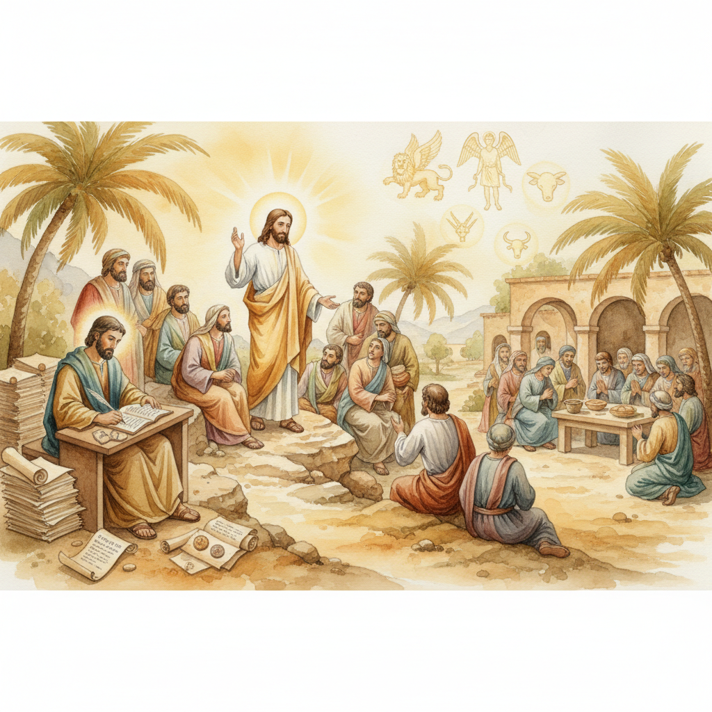 An artistic overview of the New Testament, showing Jesus teaching, disciples, ancient letters being written, the early church gathering, and symbols of the Gospels, watercolor style with warm golden tones, inviting and spiritual
