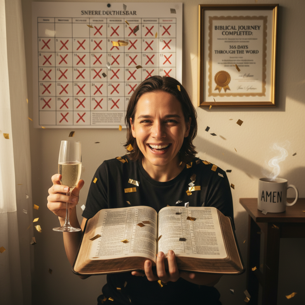 AI Generation Prompt: Joyful photo of person holding open Bible showing final page of Revelation, expression of accomplishment and joy on face. Background shows calendar with all 365 days marked off, completion certificate, celebratory coffee or champagne glass, maybe confetti or celebration elements. Person looks genuinely proud and moved by accomplishment. Warm lighting, authentic emotion, photorealistic, inspiring sense of achievement, 8k quality