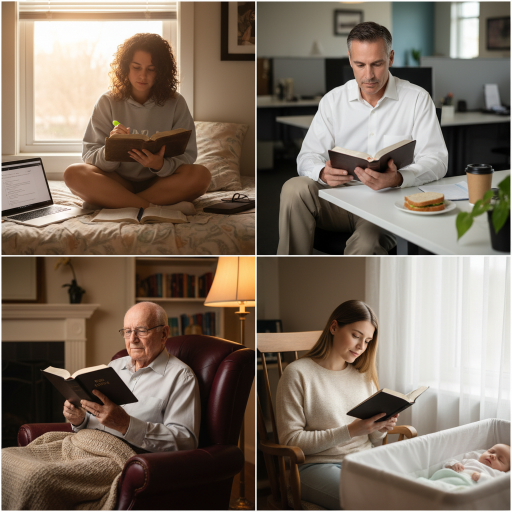 AI Generation Prompt: Composite image showing diverse people at different life stages reading Bibles. Split into 4 quadrants: college student studying Bible in dorm room with laptop, middle-aged professional reading during lunch break at office, elderly man with reading glasses in comfortable armchair, young mother reading Bible while baby sleeps nearby. Each scene photorealistic, natural lighting, genuine moments of Scripture engagement, representing life-long Bible reading, 8k quality