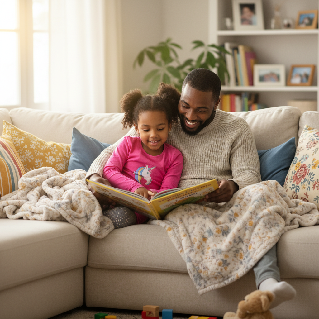 AI Generation Prompt: Intimate, heartwarming photo of African American father and young daughter (age 6-7) sitting together on comfortable couch reading children's Bible together. Natural afternoon sunlight streaming through window. Father pointing at colorful illustration in Bible, daughter leaning in with engaged expression, both smiling. Cozy living room setting with warm tones, soft blanket, family photos on wall in background. Photorealistic, tender moment capturing parent-child spiritual bonding, warm natural lighting, 8k quality professional family photography