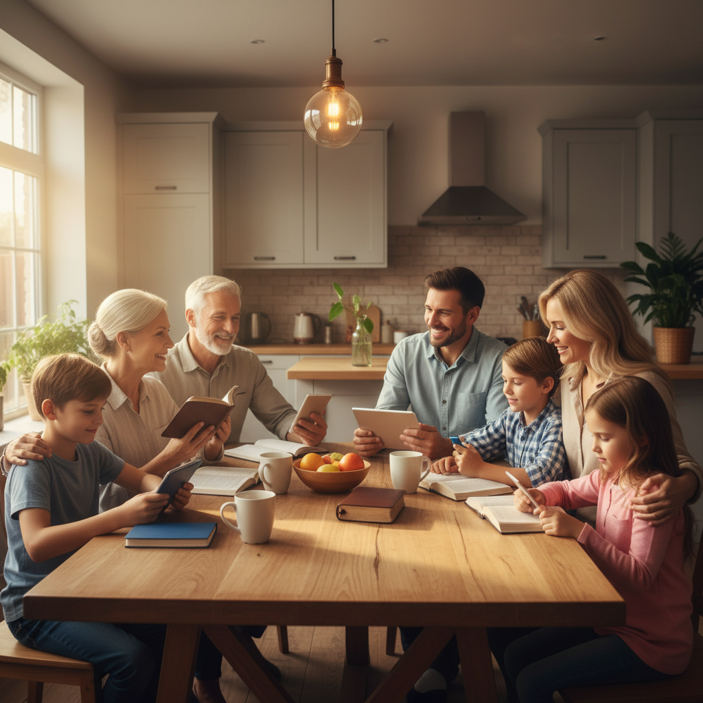 Multi-generational family (grandparents, parents, children) gathered around kitchen table for family devotional time, each with their own device or Bible. Warm, loving atmosphere. Photorealistic, natural lighting, 16:9 aspect ratio.