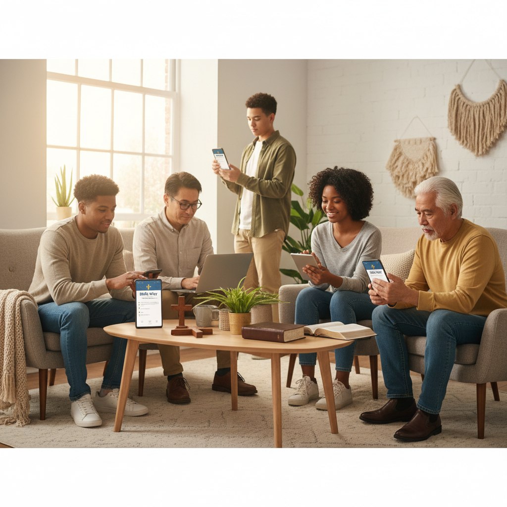 Warm, inviting image of diverse people using Bible Way app on various devices - phones, tablets, laptops. Soft natural lighting, modern minimalist setting with subtle Christian elements like a small cross or open Bible. Photorealistic, 8k quality, 16:9 aspect ratio.