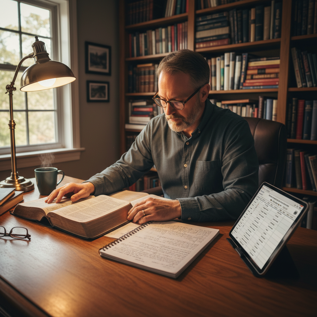 Focused adult studying Bible with notebook, tablet showing Greek/Hebrew text analysis. Home office setting with books, good lighting. Scholarly but accessible feel. Photorealistic, 16:9 aspect ratio.