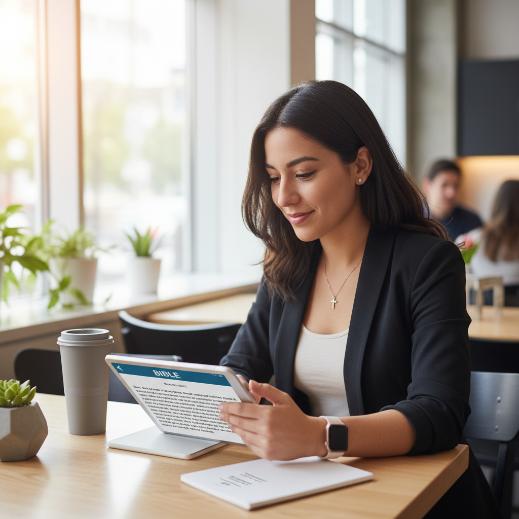 AI Generation Prompt: Modern photo of Hispanic young professional woman (late 20s) in business casual attire during lunch break at modern office or cafe. Using tablet showing Bible app, notepad beside her, coffee cup. Natural expression of focus and peace. Contemporary setting, good lighting, relatable modern Christian woman vibe, 8k quality, photorealistic, showing integration of faith and career