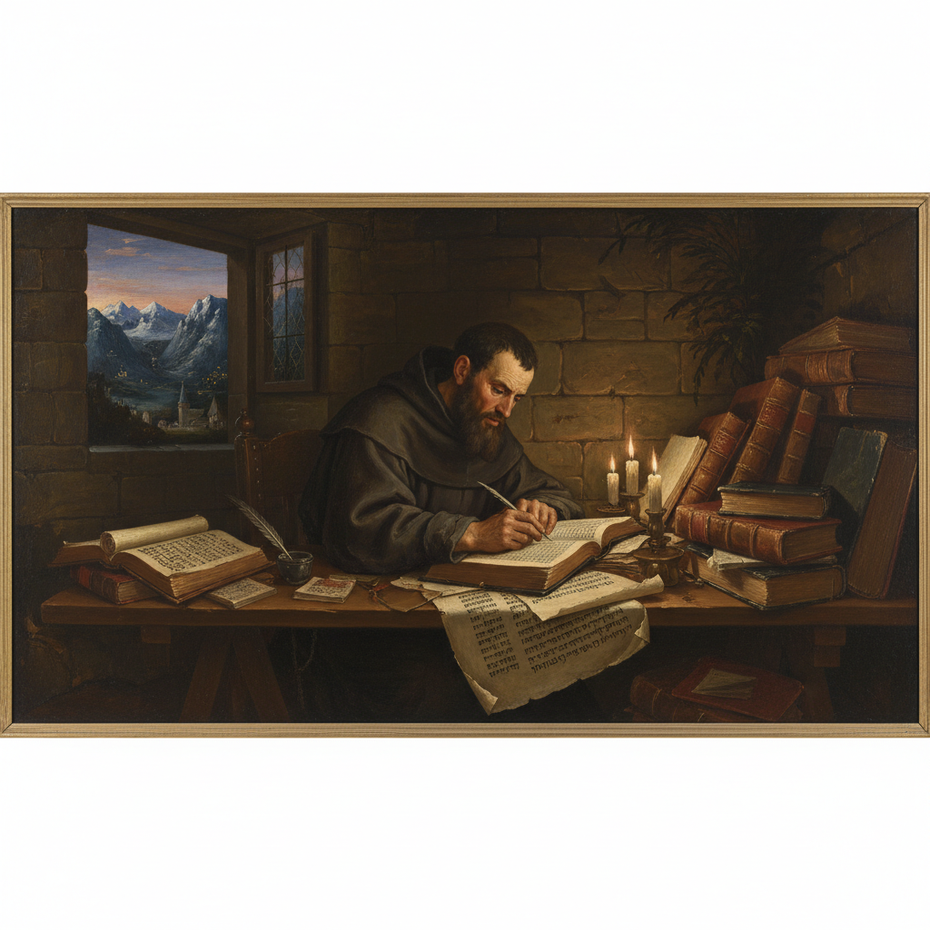 AI Generation Prompt: Create a cinematic historical oil painting of Casiodoro de Reina translating the Bible in exile in Basel, Switzerland circa 1565. Show a bearded Spanish monk in simple dark robes hunched over a wooden desk in a small candlelit study with stone walls. On the desk are Hebrew manuscripts, Greek texts, quill and ink, aged parchments with Spanish text, and stacks of reference books. Through a small window see Swiss mountains and evening light. Mood should convey secrecy, determination, sacred work, and intellectual rigor. Renaissance painting style with dramatic chiaroscuro lighting, rich earth tones and deep shadows, sense of historical importance and sacrifice. Ultra-detailed, museum quality, 8k resolution.
