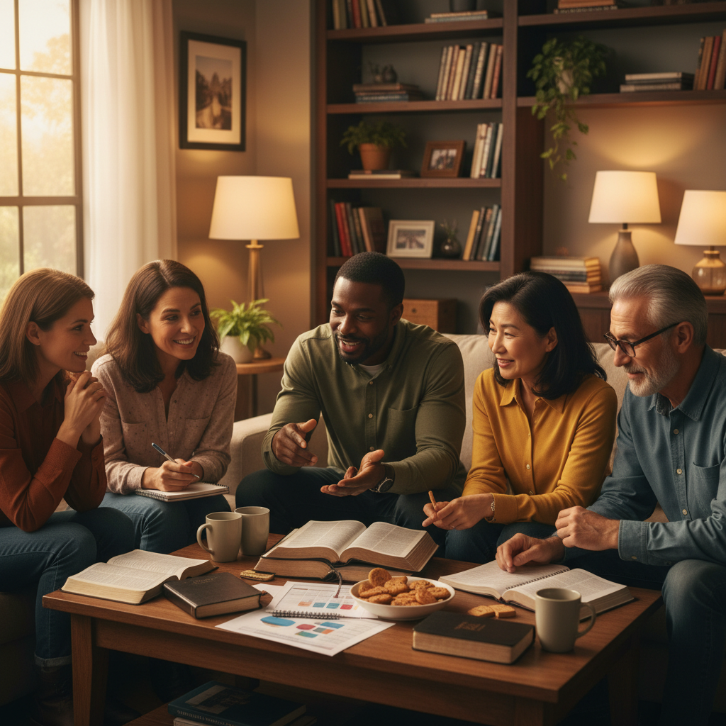 AI Generation Prompt: Warm inviting photo of diverse small group of 5-6 people (mixed ages 30s-60s, different ethnicities including Asian, African American, Hispanic, Caucasian) sitting in living room around coffee table, open Bibles and notebooks scattered on table, some people pointing at charts or diagrams, one person explaining something with hand gestures, others listening intently, expressions of engaged curiosity and aha moments, modern comfortable home setting with bookshelves in background, natural lighting from window, cozy lamps creating warm atmosphere, coffee mugs and snacks visible, sense of genuine community and shared discovery, photorealistic style, warm color tones, authentic Bible study fellowship feel, 8k quality professional photography