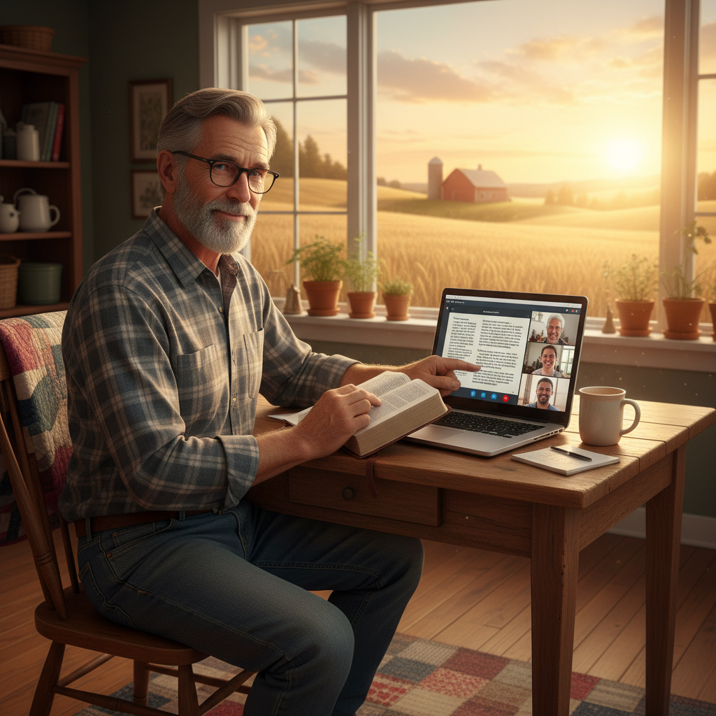 AI Generation Prompt: Photorealistic image of a man in his 60s sitting at a simple wooden kitchen table in a rural farmhouse, laptop open showing an online Bible study. Through the window behind him, see rolling farmland and distant barn at golden hour. He's wearing a flannel shirt, reading glasses, open Bible next to laptop. His weathered hands gesture toward screen showing other study group members. Warm kitchen lighting mixing with natural sunset light. Coffee pot and simple dishes on counter. Feeling of isolation transformed by digital connection. Authentic rural American setting with worn but clean surfaces. Face shows joy and engagement. Wide angle shot capturing both intimate study scene and vast rural landscape beyond. 8k quality, natural lighting, documentary photography style.
