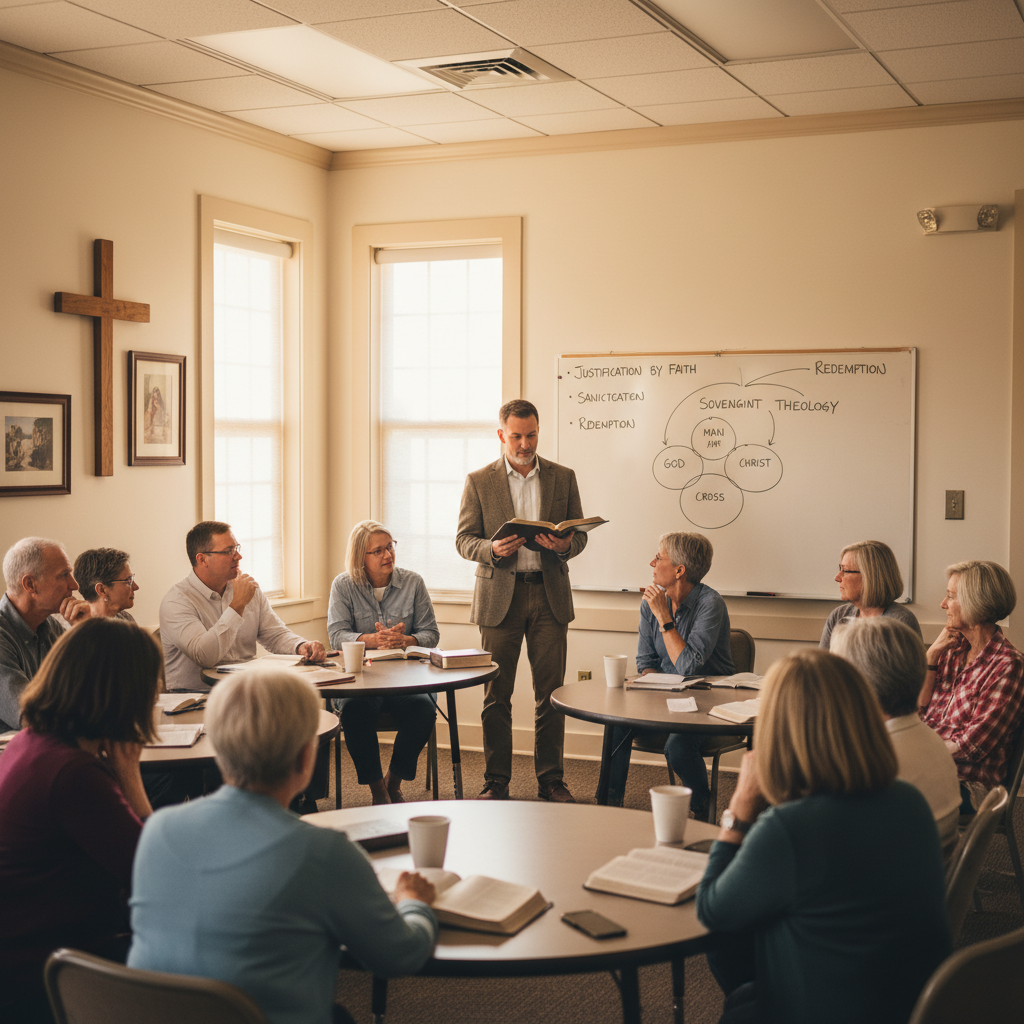 Church Sunday school classroom with adults engaged in theology discussion, teacher with Bible and whiteboard