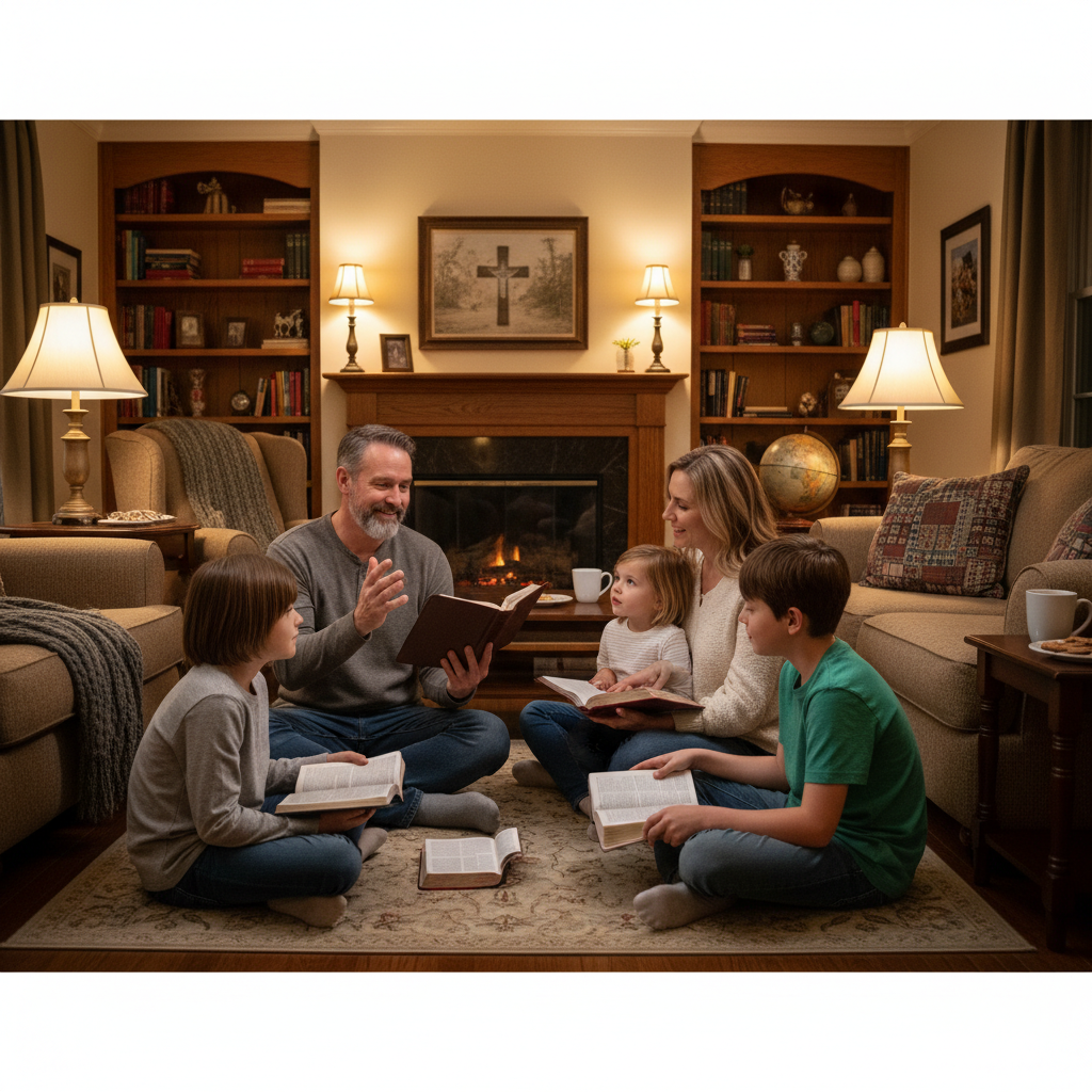 Family gathered for devotional time discussing theology, parents teaching children about God with Bibles open