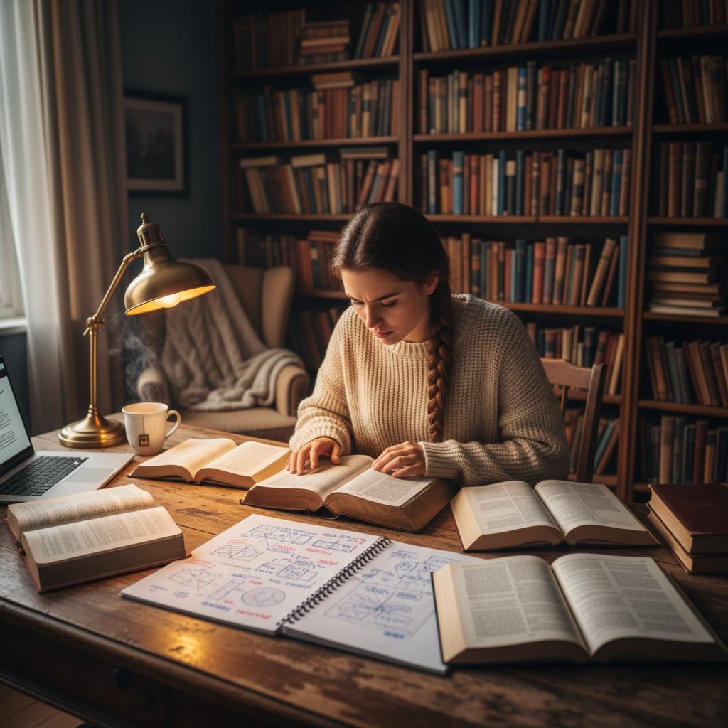 Scholar studying theology with open books, Bible, and notebook with theological diagrams in a warm study setting