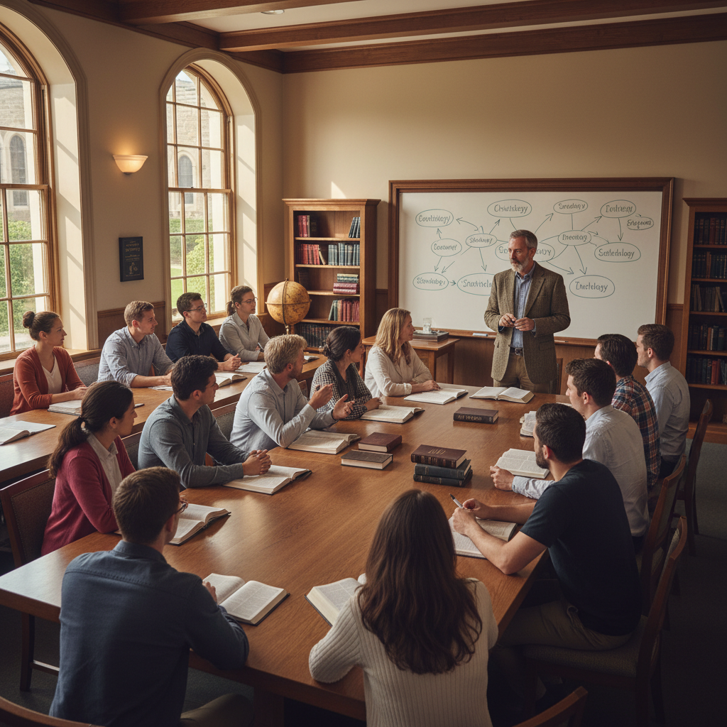 Seminary classroom with diverse students engaged in theological discussion, professor at whiteboard with Bibles open