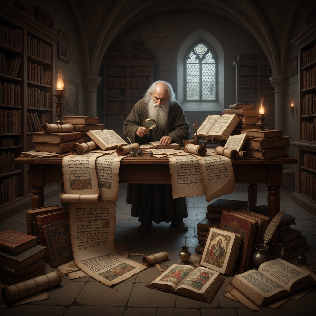 Ancient biblical scrolls and manuscripts spread across a scholar's desk, with warm golden light streaming through a window, illuminating Hebrew and Greek texts, quill pens, and open Bibles showing different sections, photorealistic, 8k quality, warm scholarly atmosphere