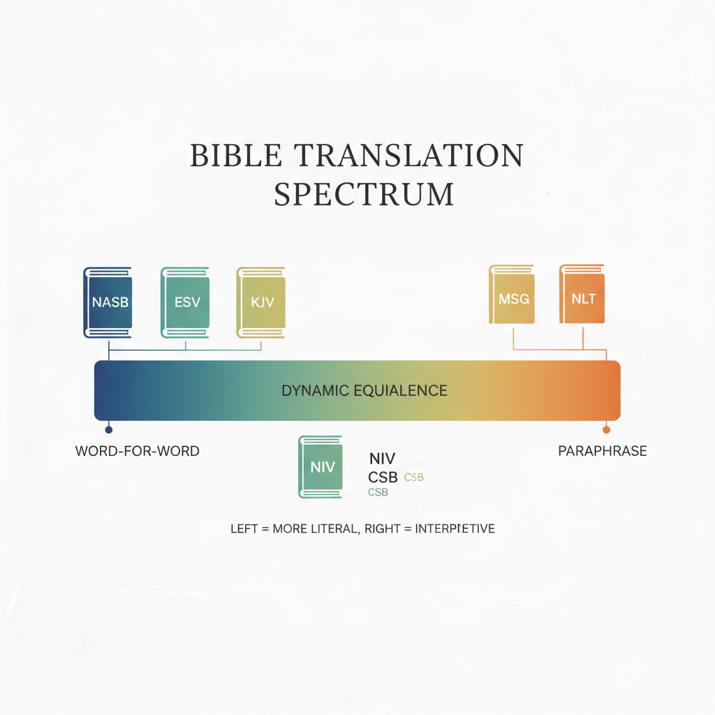 An elegant infographic showing the Bible translation spectrum from word-for-word to paraphrase, displayed as a horizontal gradient bar. On the left side are icons representing literal translations (NASB, ESV, KJV) and on the right side are icons for dynamic translations (NLT, MSG). Beautiful modern design with soft colors, clean typography, and educational feel. Professional quality, 8k resolution.
