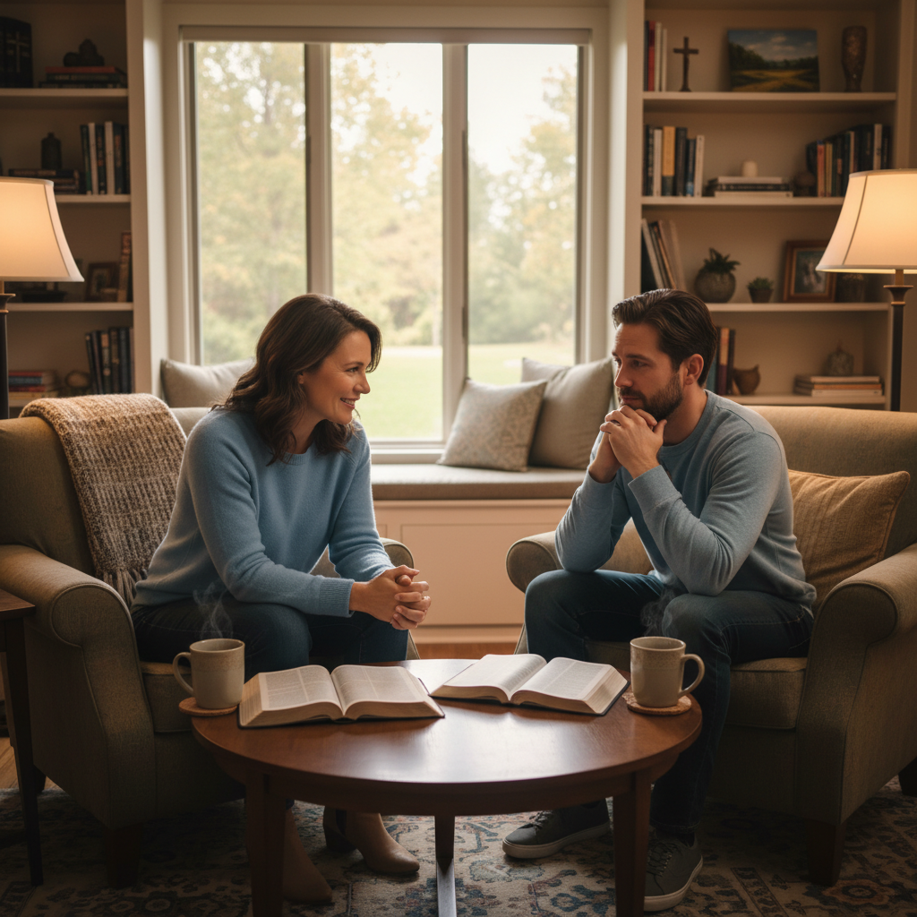 Christian counselor meeting with person, Bibles open in compassionate professional setting