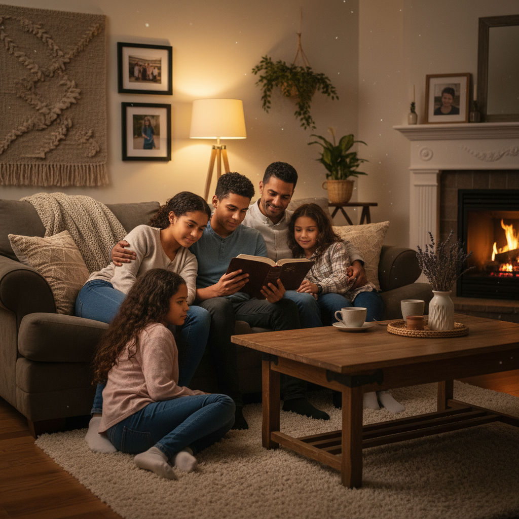Family reading Bible together in warm living room, atmosphere of unity and restoration