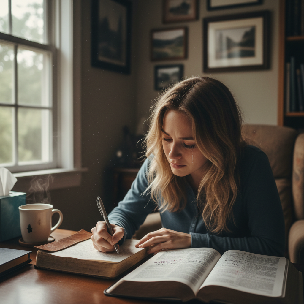Person journaling with Bible open, processing emotions through biblical reflection