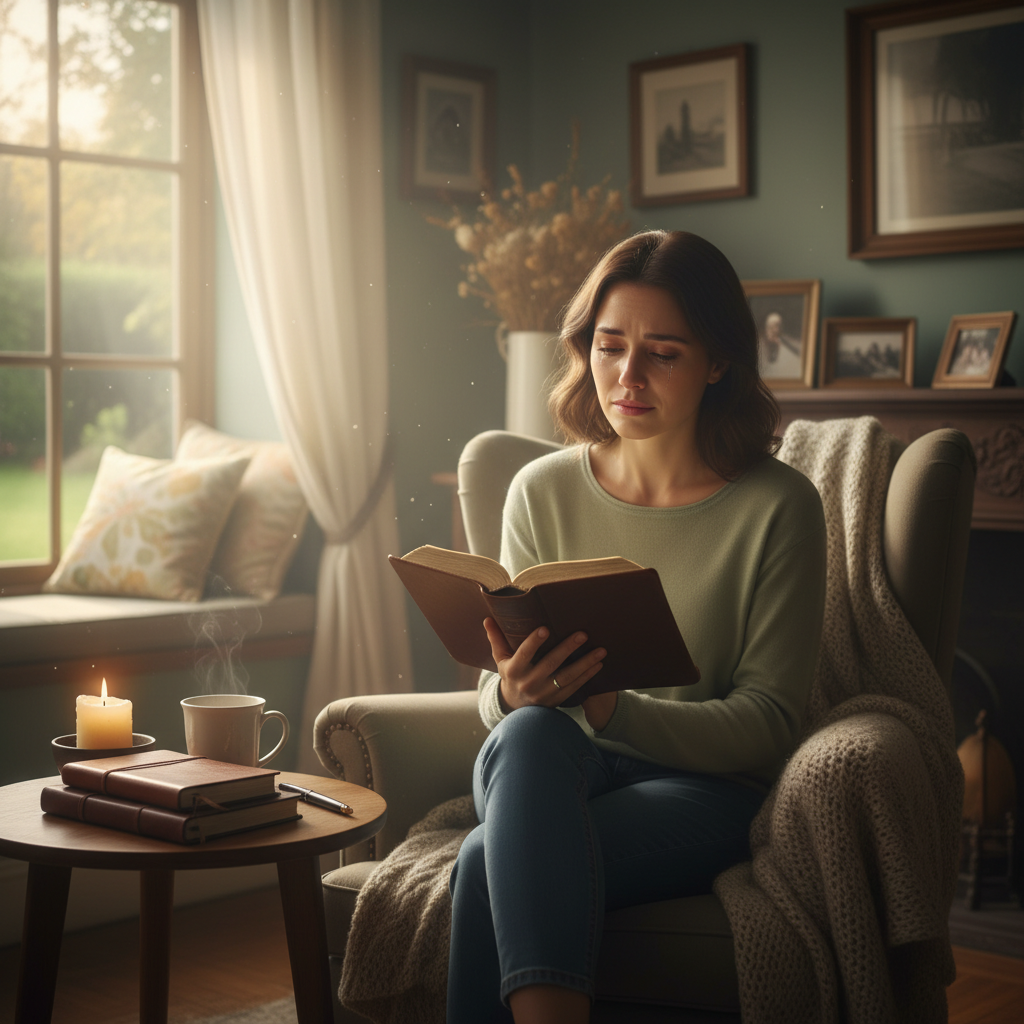 Person reading Bible in soft morning light, finding comfort through Scripture meditation