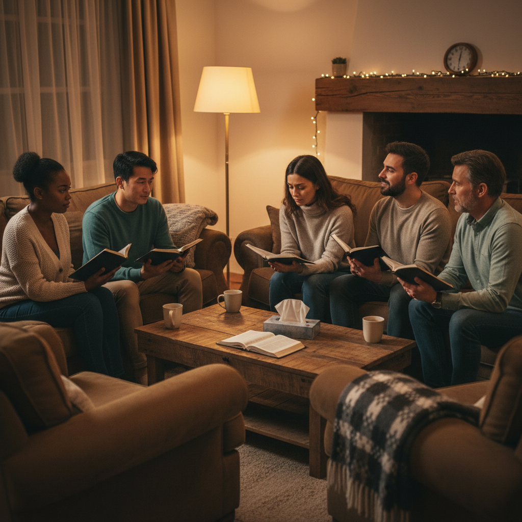 Small group of diverse adults studying Bibles together in supportive community setting