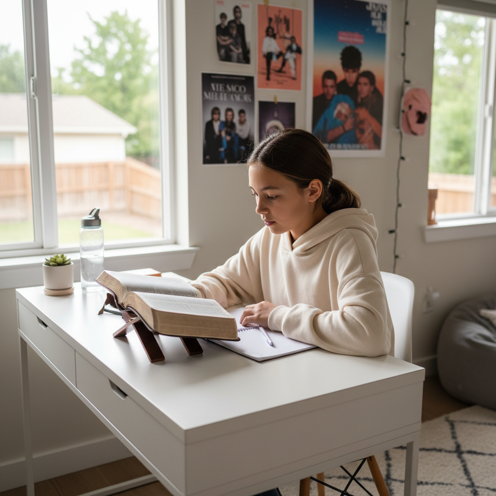 AI Generation Prompt: Focused, peaceful photo of Asian American tween girl (age 11-12) sitting at desk in bedroom studying Bible independently. Modern teen bedroom with posters on wall, natural lighting from window. She's writing in study journal, open Bible beside her, laptop or tablet with Bible app visible. Expression of concentration and genuine interest, wearing casual comfortable clothes. Clean, organized study space with bookshelf in background. Photorealistic, capturing older child's growing independence in faith journey, warm natural lighting, 8k quality professional photography