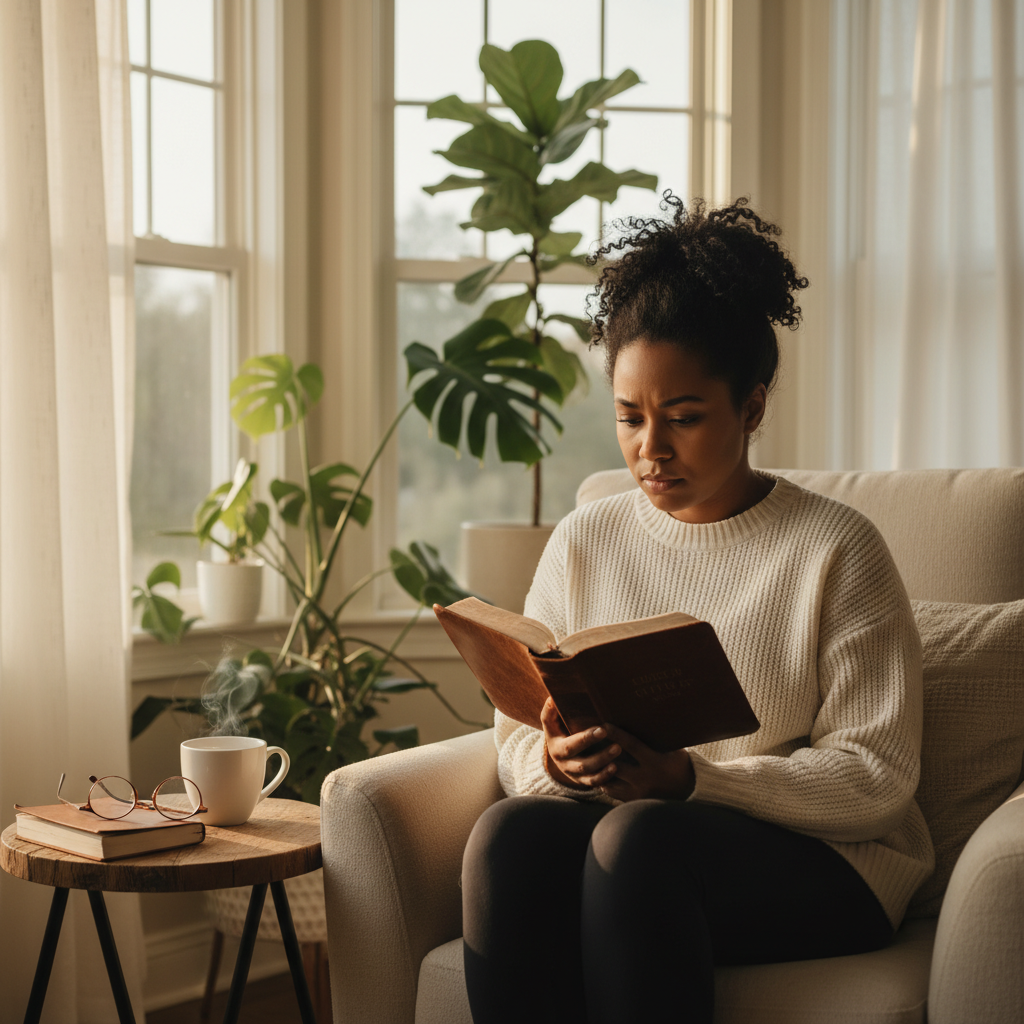 AI Generation Prompt: Peaceful scene of African American woman in her early 30s sitting in cozy reading nook by large window with soft morning sunlight streaming in, reading open Bible with concentrated but serene expression. She wears comfortable casual clothes (cream sweater), has natural hair in loose bun. Small side table with steaming tea cup, journal, and reading glasses. Background shows out-of-focus indoor plants and cream-colored curtains. Warm, golden morning light, photorealistic style, inspiring quiet devotional atmosphere, shallow depth of field, 8k professional photography.