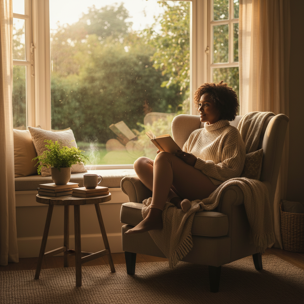 AI Generation Prompt: Peaceful photo of African American woman in her 30s sitting in comfortable reading nook by window with morning sunlight. She's reading Bible with journal and coffee on small side table. Serene expression, focused but peaceful. Plants in background, cozy blanket, warm natural lighting. Photorealistic, inspiring quiet time atmosphere, modern home interior, 8k quality, soft focus background