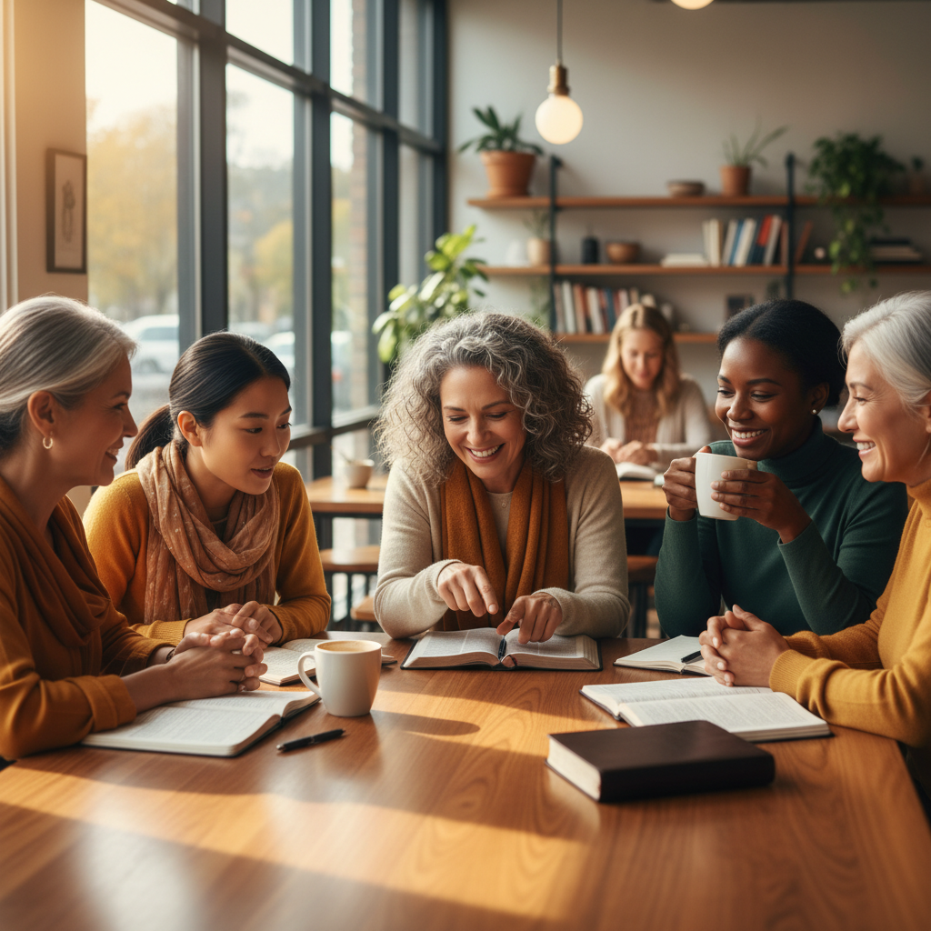 AI Generation Prompt: Warm, inviting photo of diverse group of 4-5 women (different ages and ethnicities: 30s-60s) sitting in modern coffee shop around wooden table. Open Bibles, journals, coffee cups visible. Women engaged in animated discussion, some smiling, one pointing at Bible passage, genuine connection and friendship evident. Natural lighting from large windows, cozy atmosphere, casual but respectful attire. Photorealistic, warm color tones, authentic sisterhood feel, 8k quality professional photography