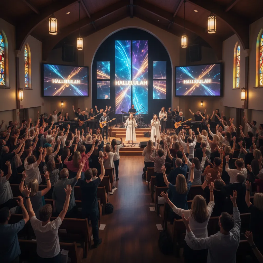 Church congregation in passionate worship, people standing with raised hands