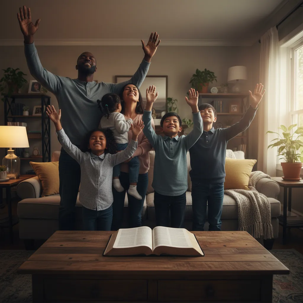 Family worshiping together in living room, parents and children with hands raised in praise