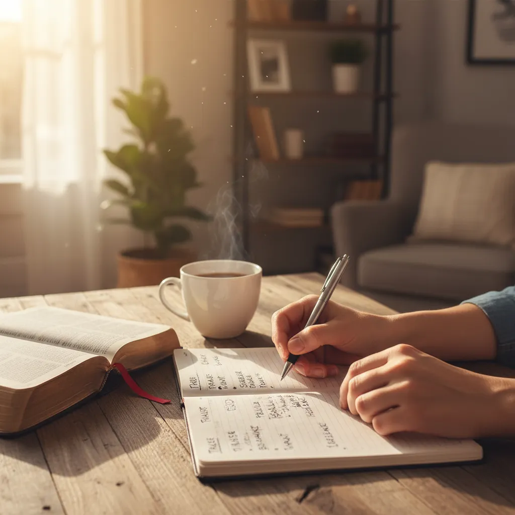 Person writing in worship journal with Bible open beside, coffee cup on desk, morning light