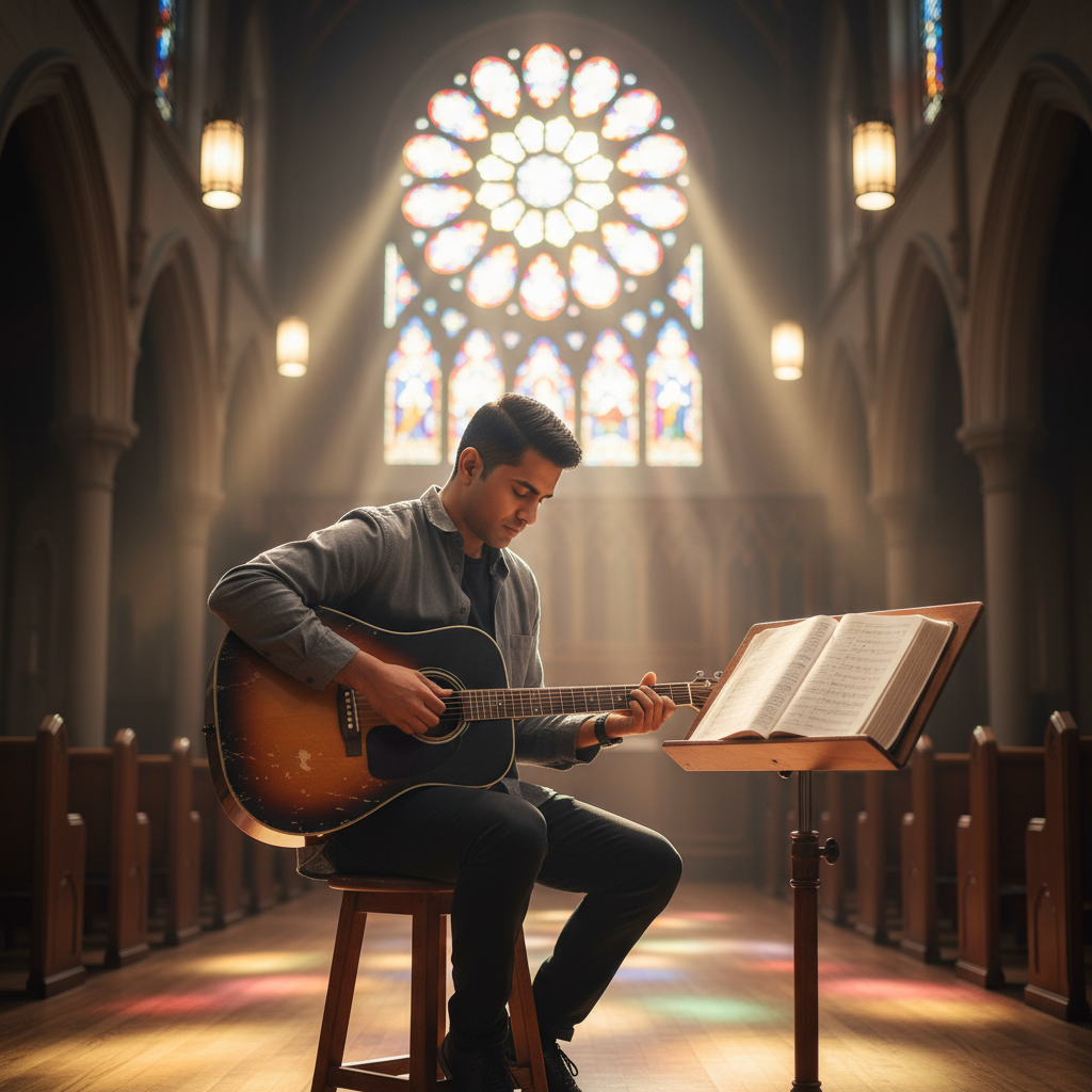Worship leader preparing with guitar and open Bible in early morning light