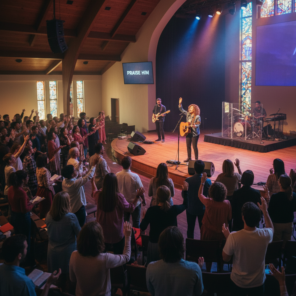 Worship leader on stage with guitar leading congregation in worship