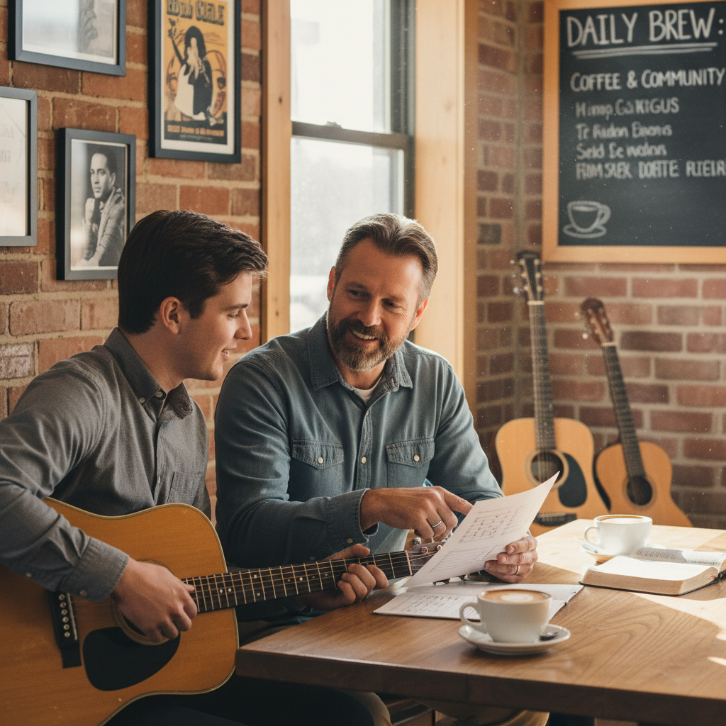 Experienced worship leader mentoring younger musician one-on-one