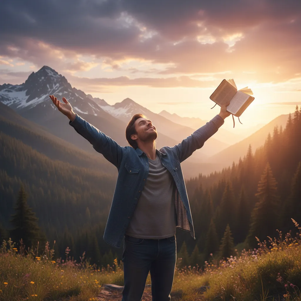 Person in outdoor setting with Bible, arms raised toward sky, mountains backdrop