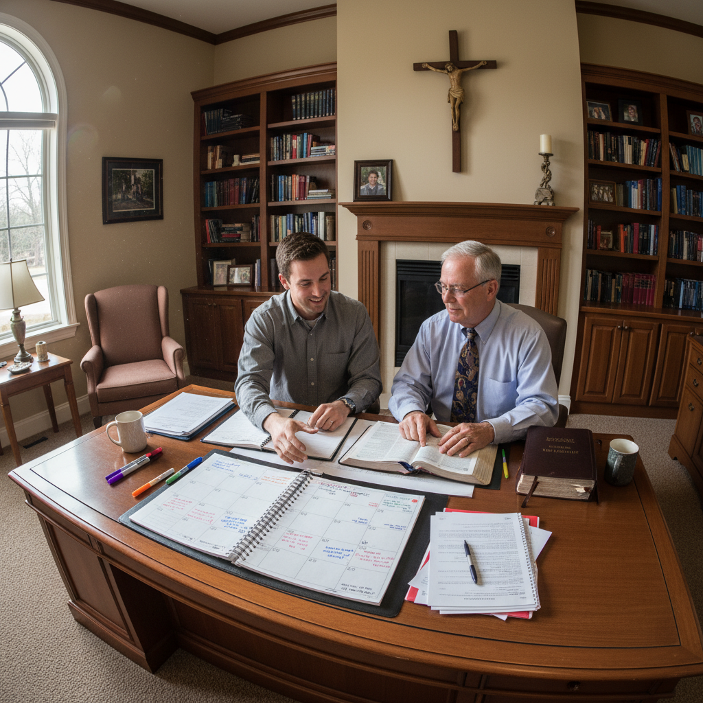 Worship leader meeting with pastor in church office for collaborative planning