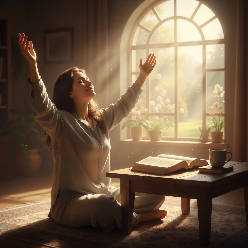 Person with raised hands in worship, Bible open nearby, morning light streaming through window