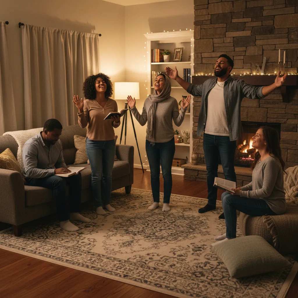 Diverse small group of adults worshiping together with Bibles, some standing with raised hands